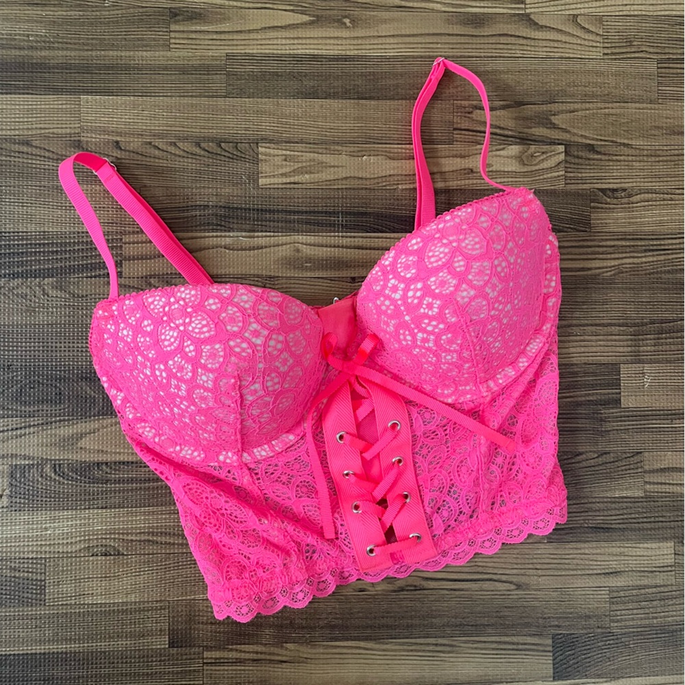 Victoria’s Secret Bright Pink Lace Push up Bustier 32B
